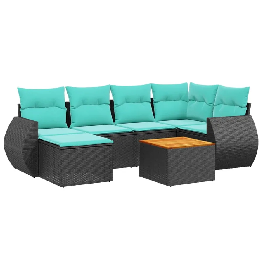 Ensemble de canapé de jardin 7 pcs avec coussins noir résine tressée - 2