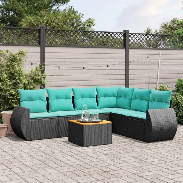 Ensemble de canapé de jardin 7 pcs avec coussins noir résine tressée