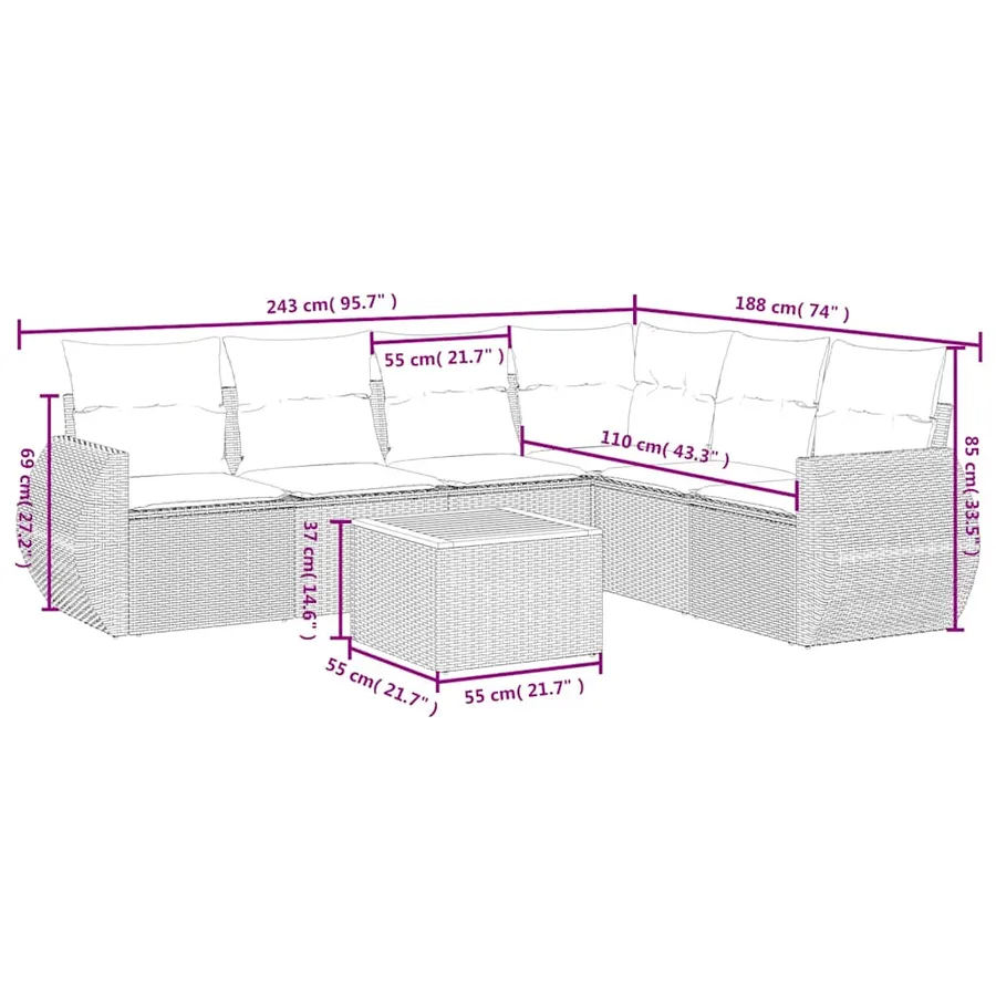 Ensemble de canapé de jardin 7 pcs avec coussins noir résine tressée - 8
