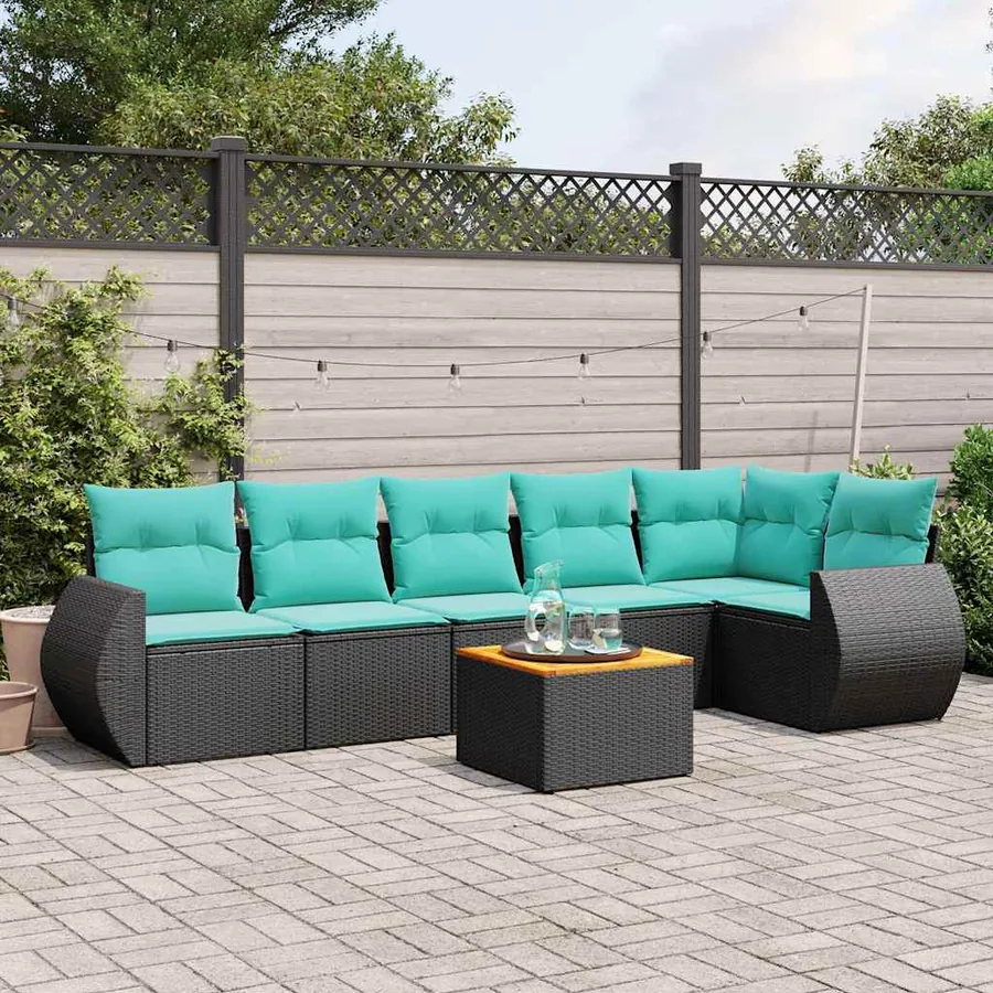 Ensemble de canapé de jardin 7 pcs avec coussins noir résine tressée