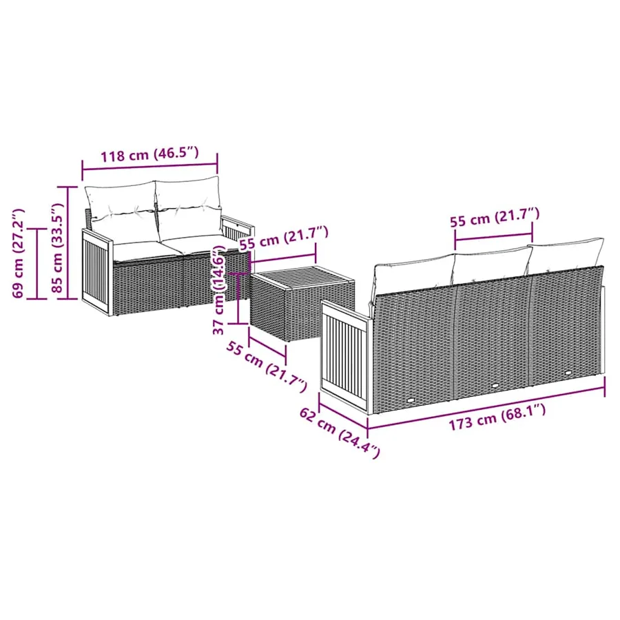 Ensemble de canapé de jardin 6 pcs avec coussins noir résine tressée - 7