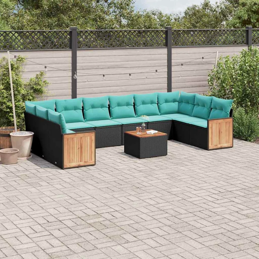 Ensemble de canapé de jardin 11 pcs avec coussins noir résine tressée