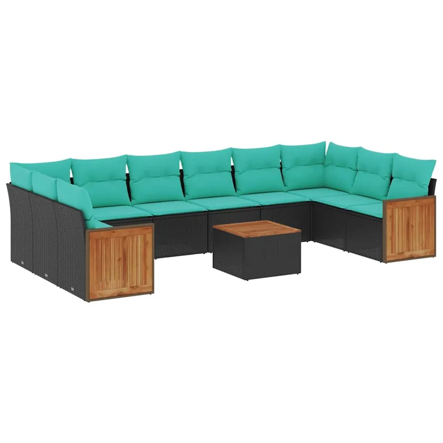 Ensemble de canapé de jardin 11 pcs avec coussins noir résine tressée - 2
