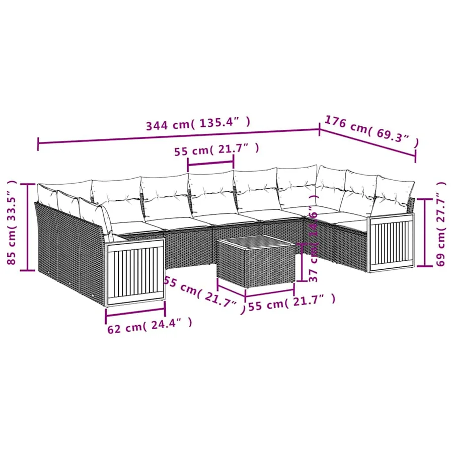 Ensemble de canapé de jardin 11 pcs avec coussins noir résine tressée - 8