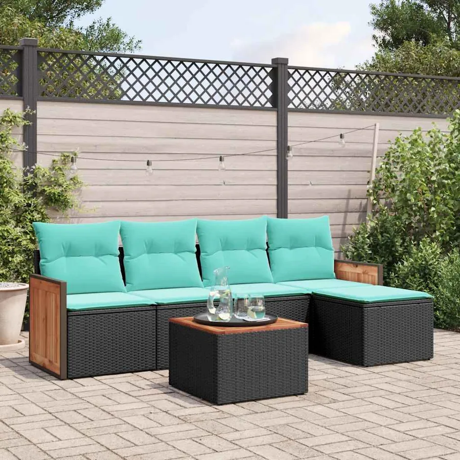 Ensemble de canapé de jardin 6 pcs avec coussins noir résine tressée