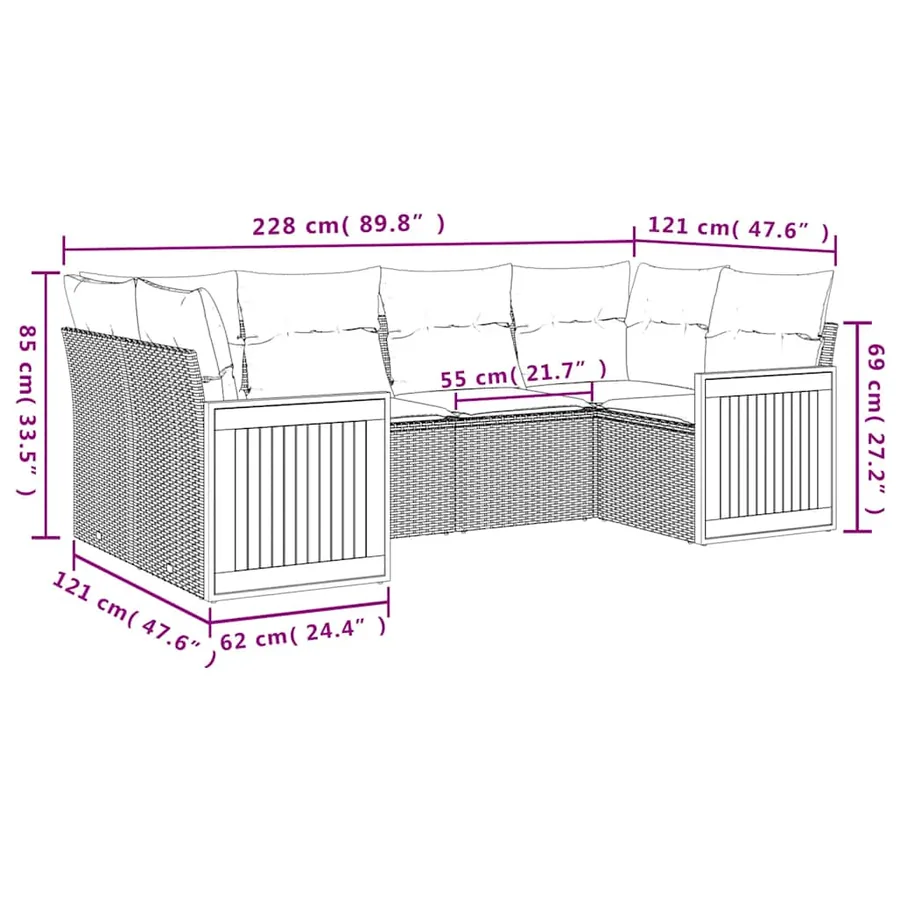 Salon de jardin 6 pcs avec coussins noir résine tressée - 7