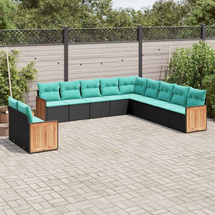Salon de jardin 11 pcs avec coussins noir résine tressée