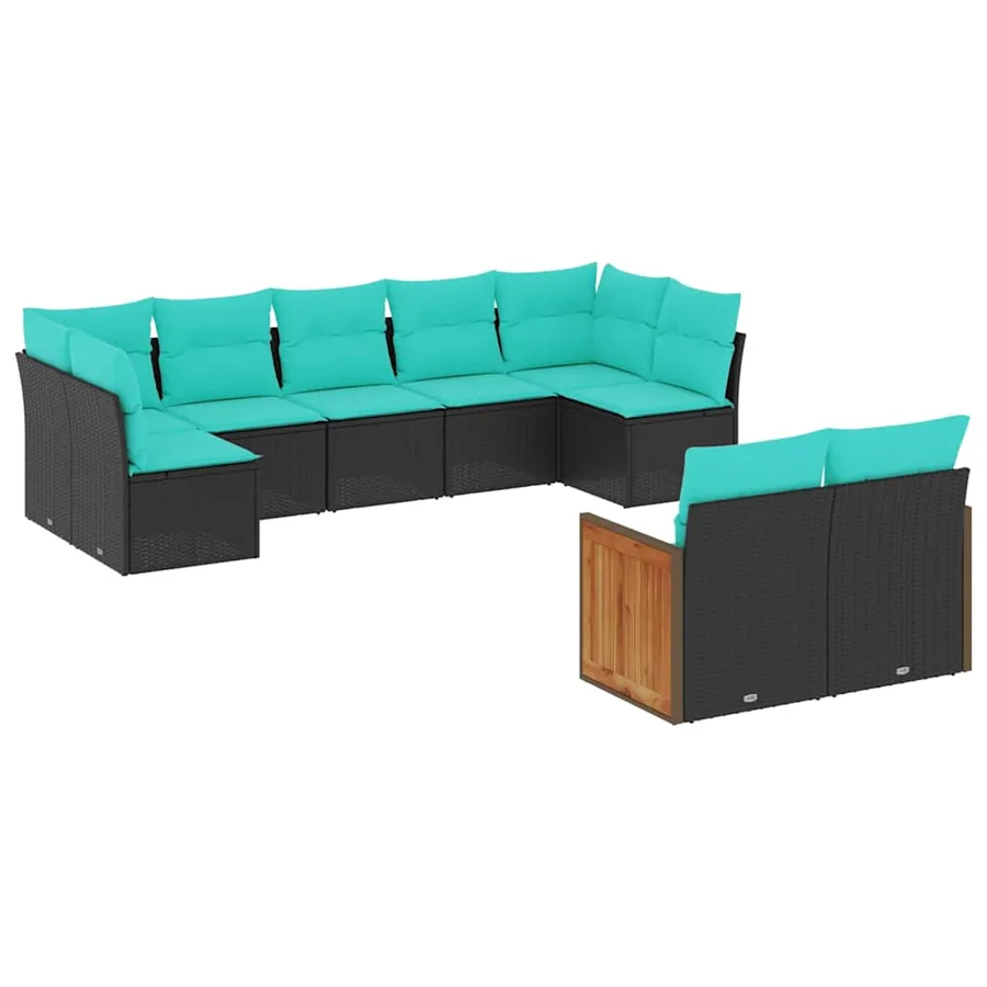 Salon de jardin 9 pcs avec coussins noir résine tressée - 2