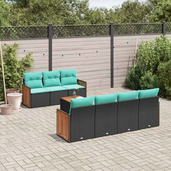 Ensemble de canapé de jardin 8 pcs avec coussins noir résine tressée