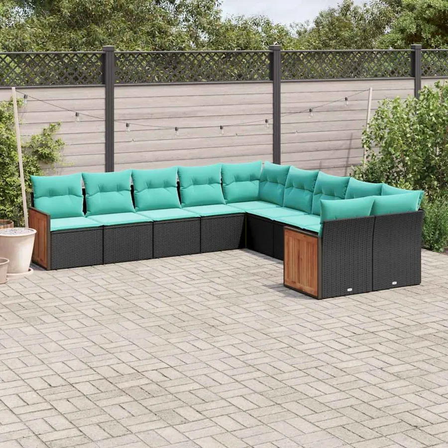 Salon de jardin 10 pcs avec coussins noir résine tressée
