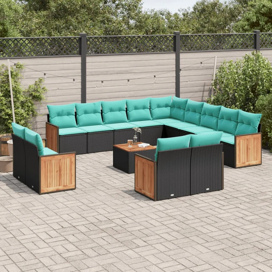 Ensemble de canapé de jardin 14 pcs avec coussins noir résine tressée