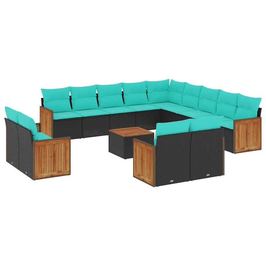 Ensemble de canapé de jardin 14 pcs avec coussins noir résine tressée - 2