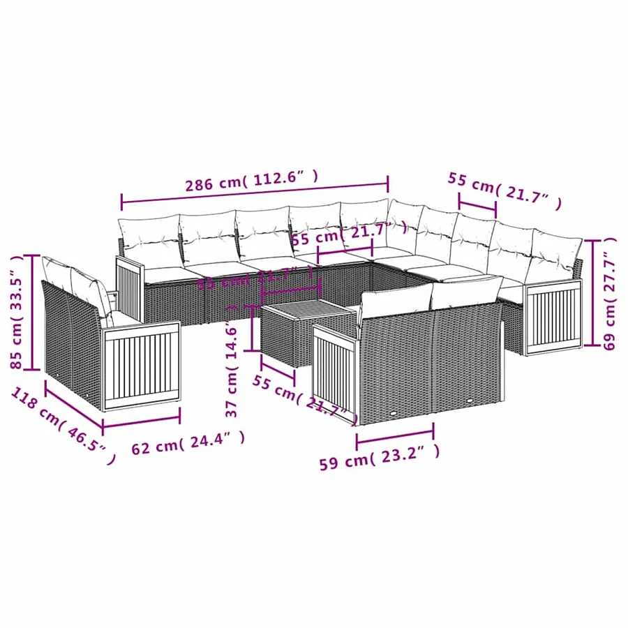 Ensemble de canapé de jardin 14 pcs avec coussins noir résine tressée - 8