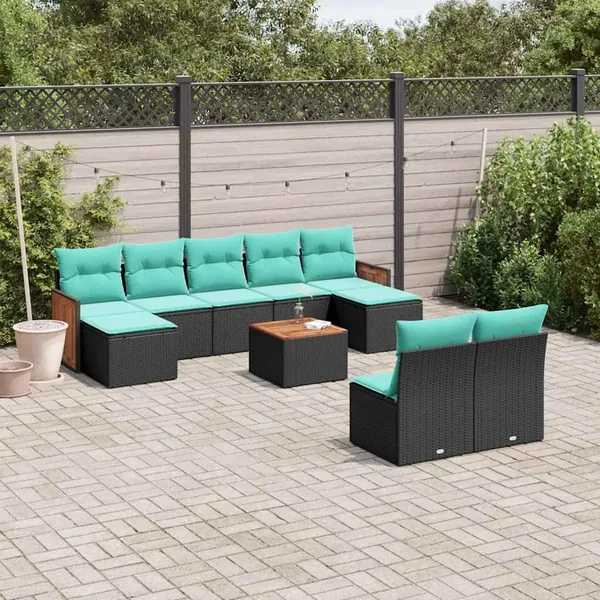 Ensemble de canapé de jardin 10 pcs avec coussins noir résine tressée