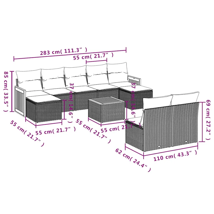 Ensemble de canapé de jardin 10 pcs avec coussins noir résine tressée - 8