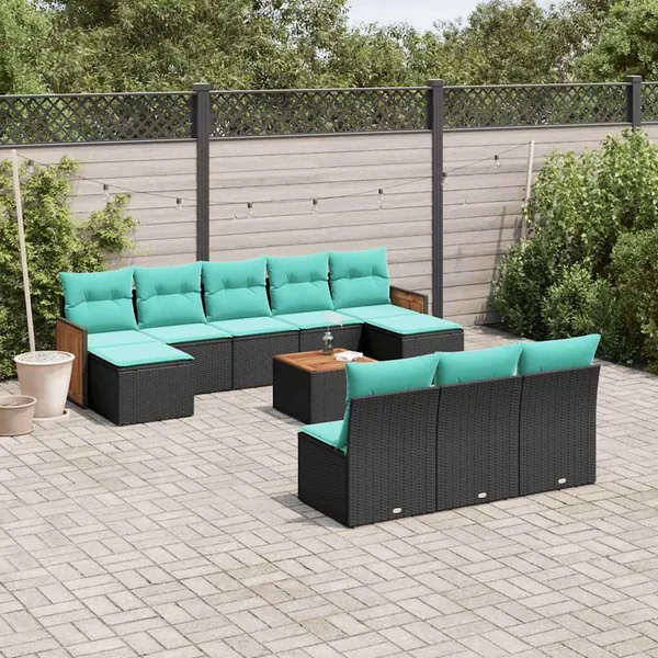 Ensemble de canapé de jardin 11 pcs avec coussins noir résine tressée