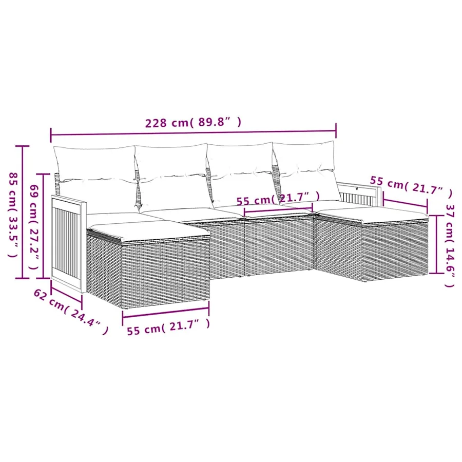 Salon de jardin 6 pcs avec coussins noir résine tressée - 7