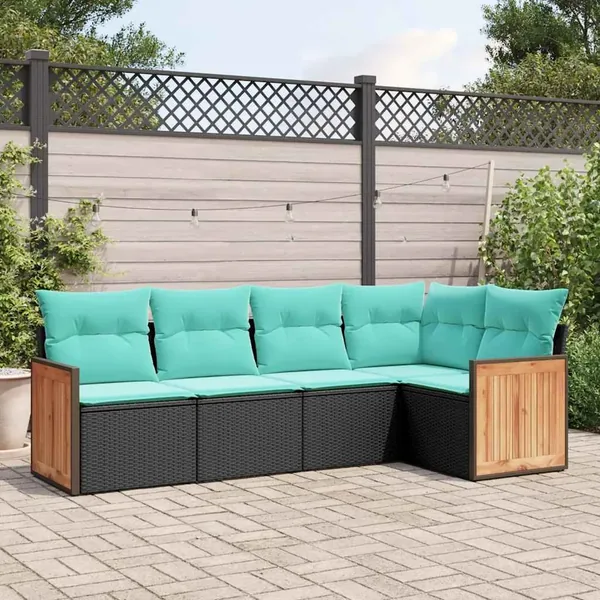 Salon de jardin 5 pcs avec coussins noir résine tressée