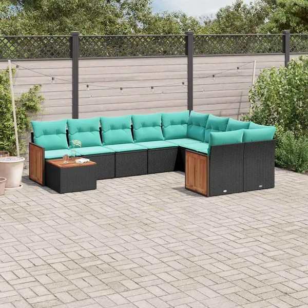 Ensemble de canapé de jardin 10 pcs avec coussins noir résine tressée