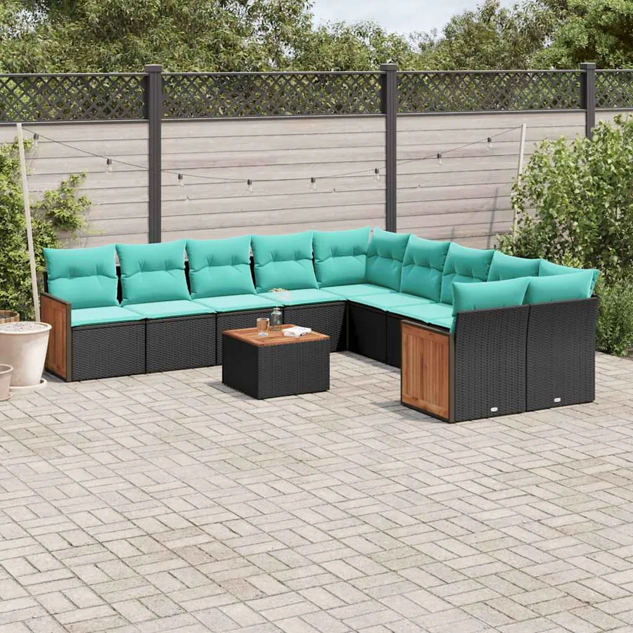 Ensemble de canapé de jardin 11 pcs avec coussins noir résine tressée