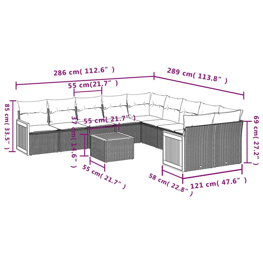 Ensemble de canapé de jardin 11 pcs avec coussins noir résine tressée - 8