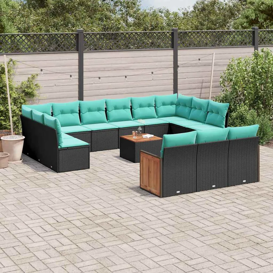 Ensemble de canapé de jardin 14 pcs avec coussins noir résine tressée