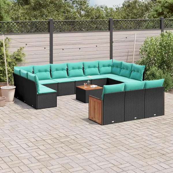 Ensemble de canapé de jardin 14 pcs avec coussins noir résine tressée