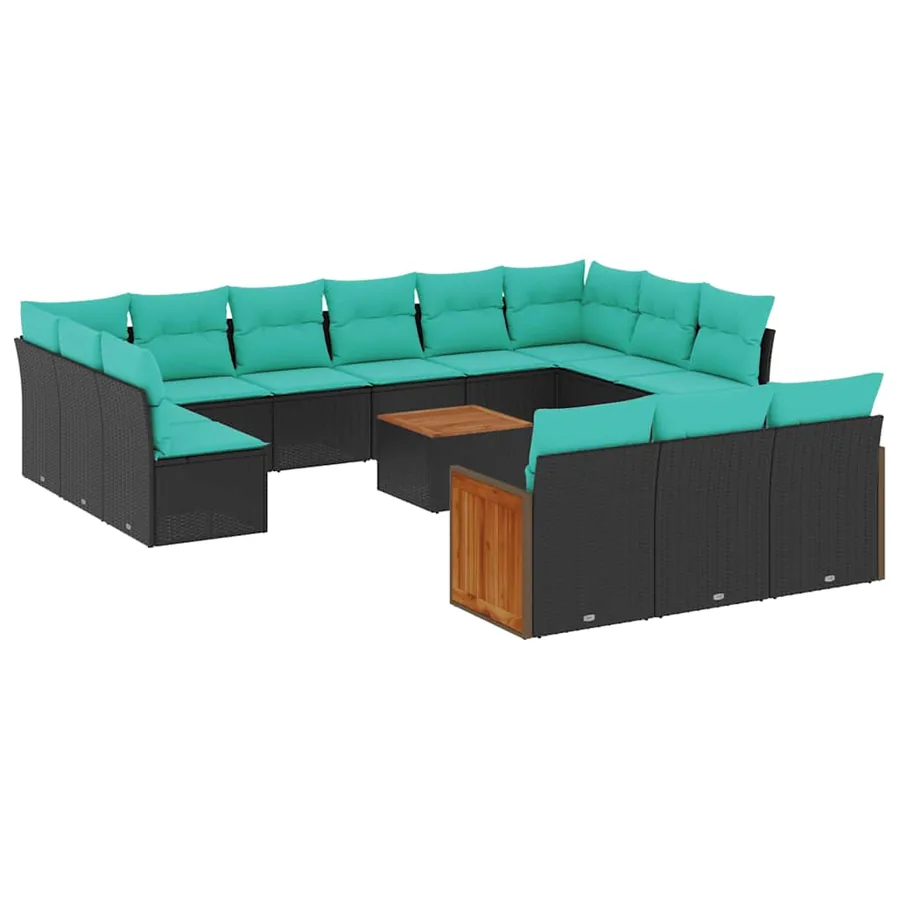 Ensemble de canapé de jardin 14 pcs avec coussins noir résine tressée - 2