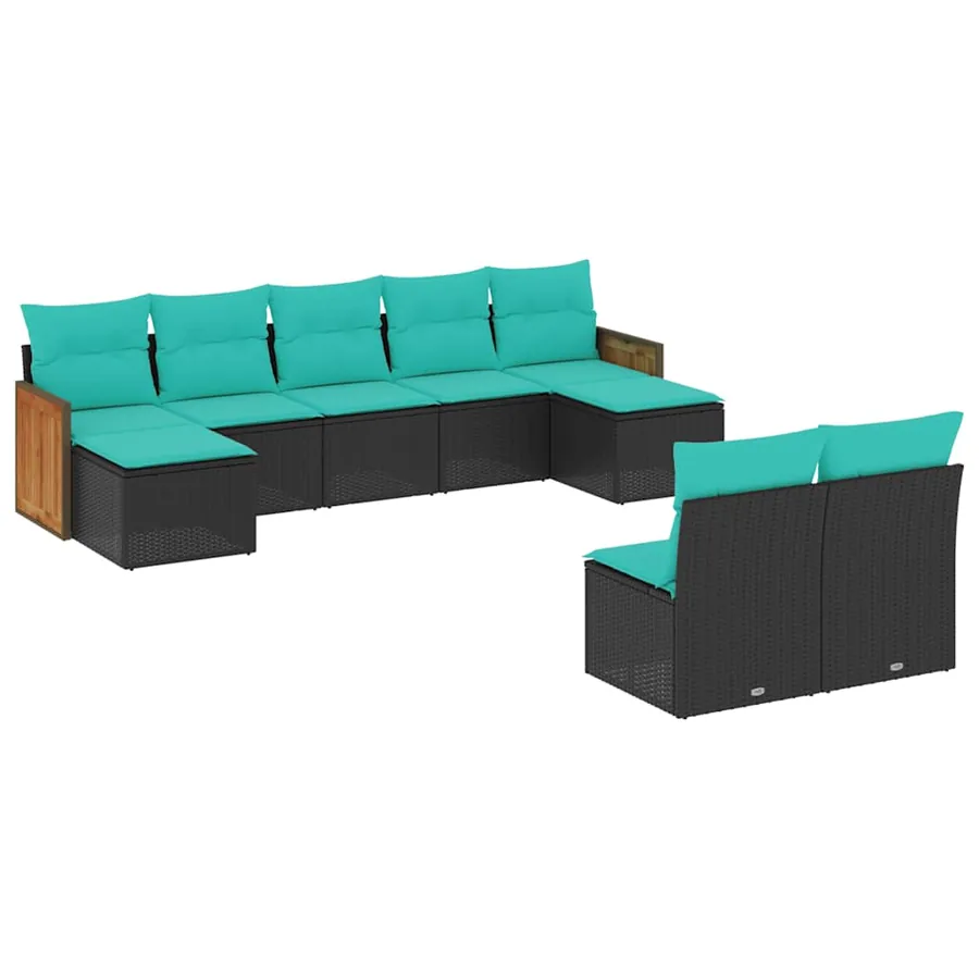 Salon de jardin 9 pcs avec coussins noir résine tressée - 2