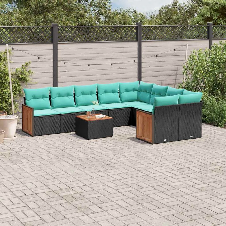 Ensemble de canapé de jardin 10 pcs avec coussins noir résine tressée