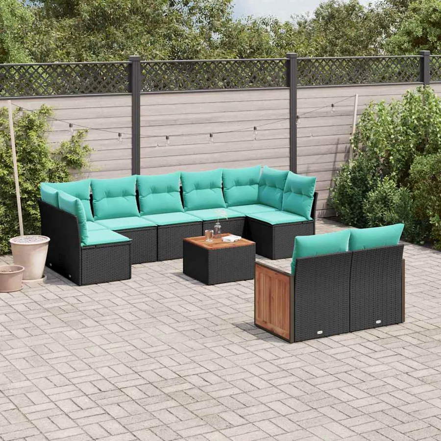 Ensemble de canapé de jardin 10 pcs avec coussins noir résine tressée