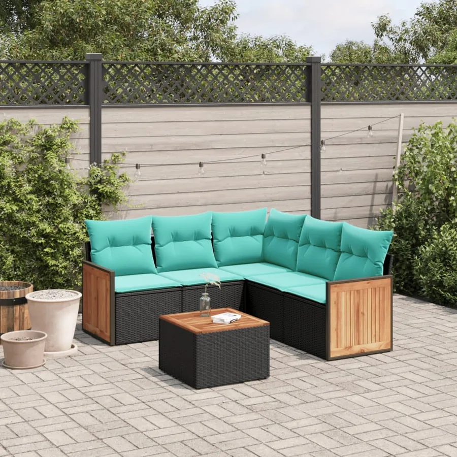 Ensemble de canapé de jardin 6 pcs avec coussins noir résine tressée
