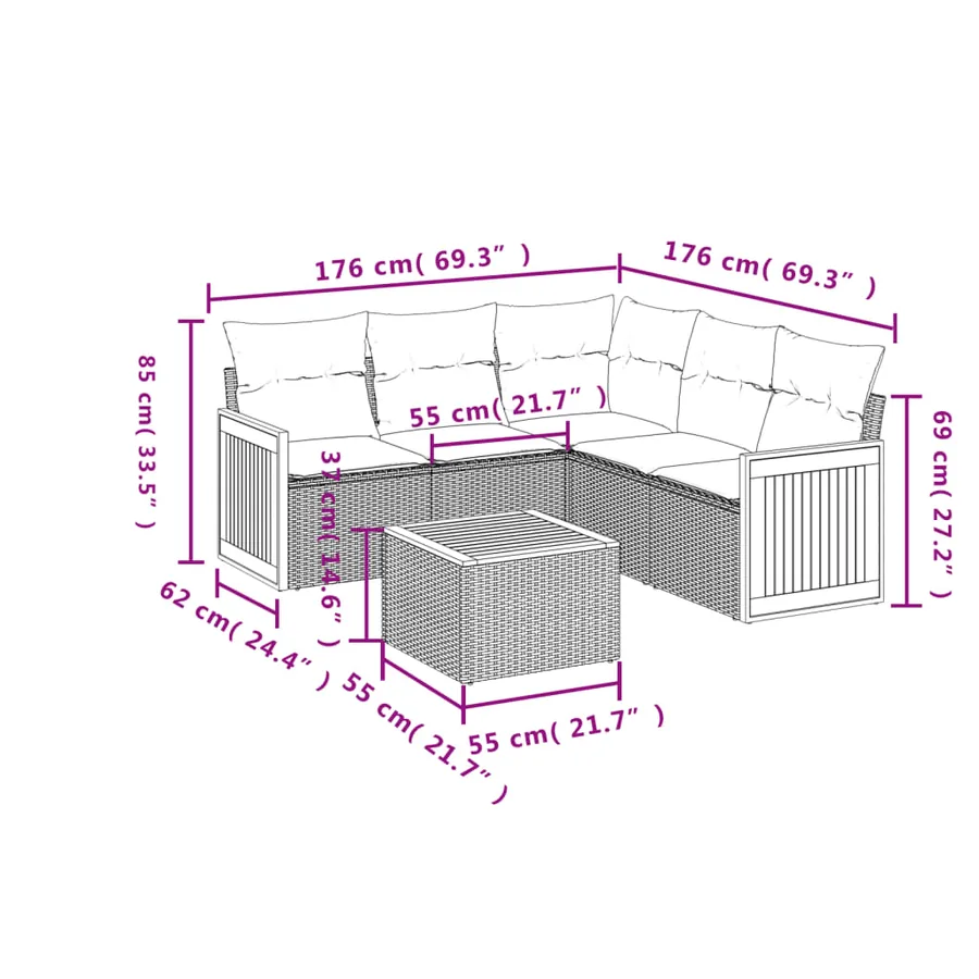Ensemble de canapé de jardin 6 pcs avec coussins noir résine tressée - 7