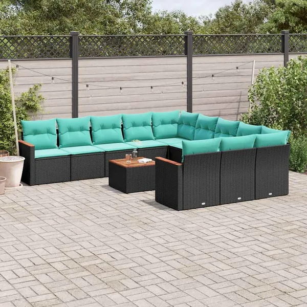 Ensemble de canapé de jardin 12 pcs avec coussins noir résine tressée