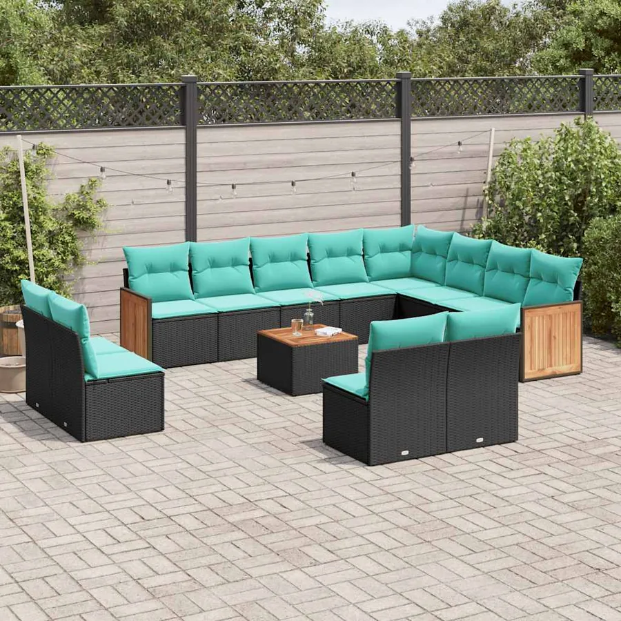 Ensemble de canapé de jardin 13 pcs avec coussins noir résine tressée