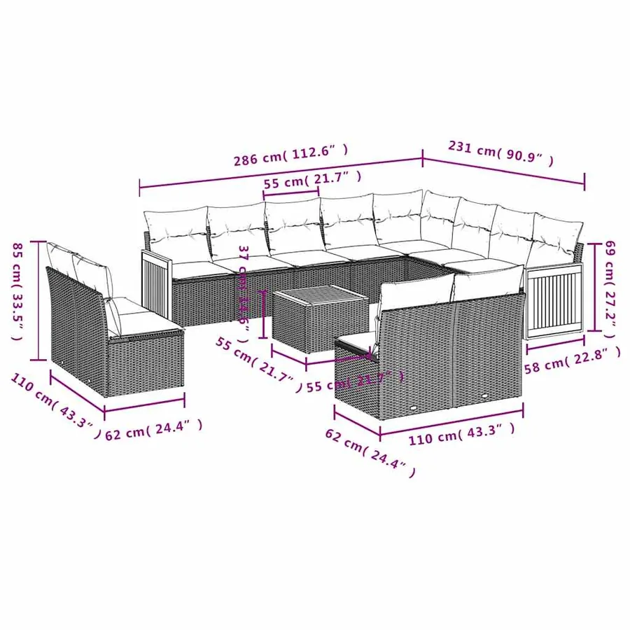 Ensemble de canapé de jardin 13 pcs avec coussins noir résine tressée - 8