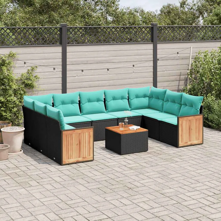 Ensemble de canapé de jardin 10 pcs avec coussins noir résine tressée