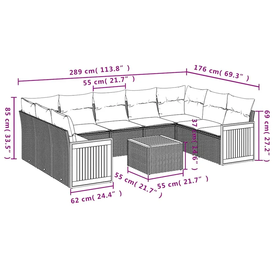Ensemble de canapé de jardin 10 pcs avec coussins noir résine tressée - 8