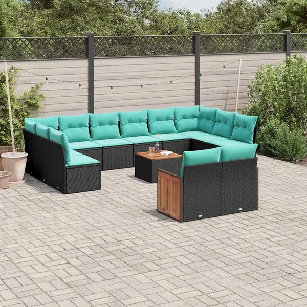 Ensemble de canapé de jardin 13 pcs avec coussins noir résine tressée