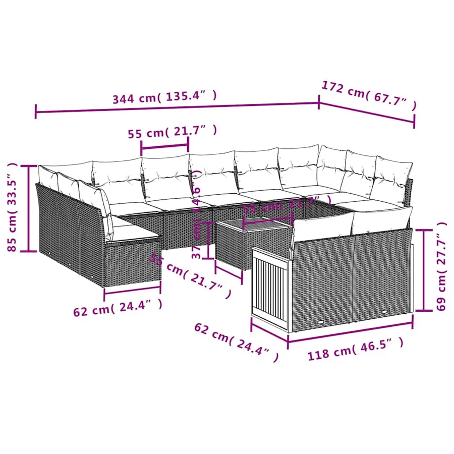 Ensemble de canapé de jardin 13 pcs avec coussins noir résine tressée - 8