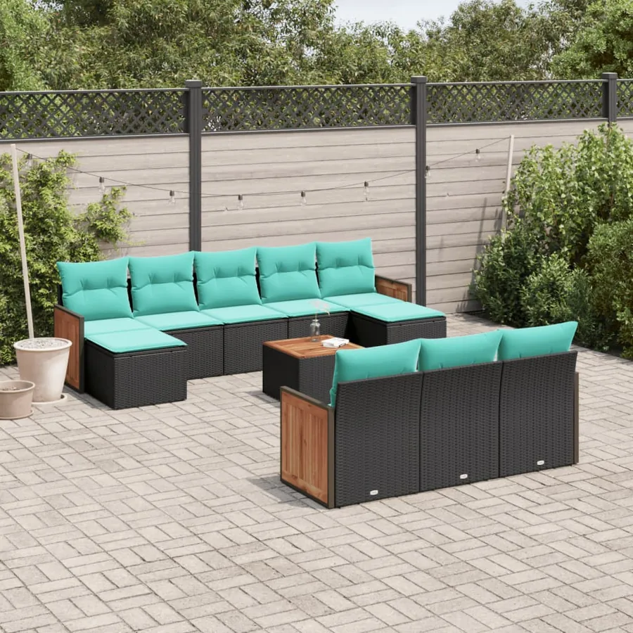 Ensemble de canapé de jardin 11 pcs avec coussins noir résine tressée