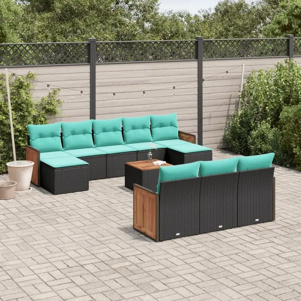 Ensemble de canapé de jardin 11 pcs avec coussins noir résine tressée