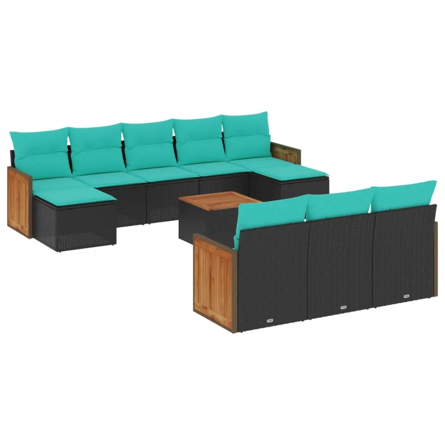 Ensemble de canapé de jardin 11 pcs avec coussins noir résine tressée - 2