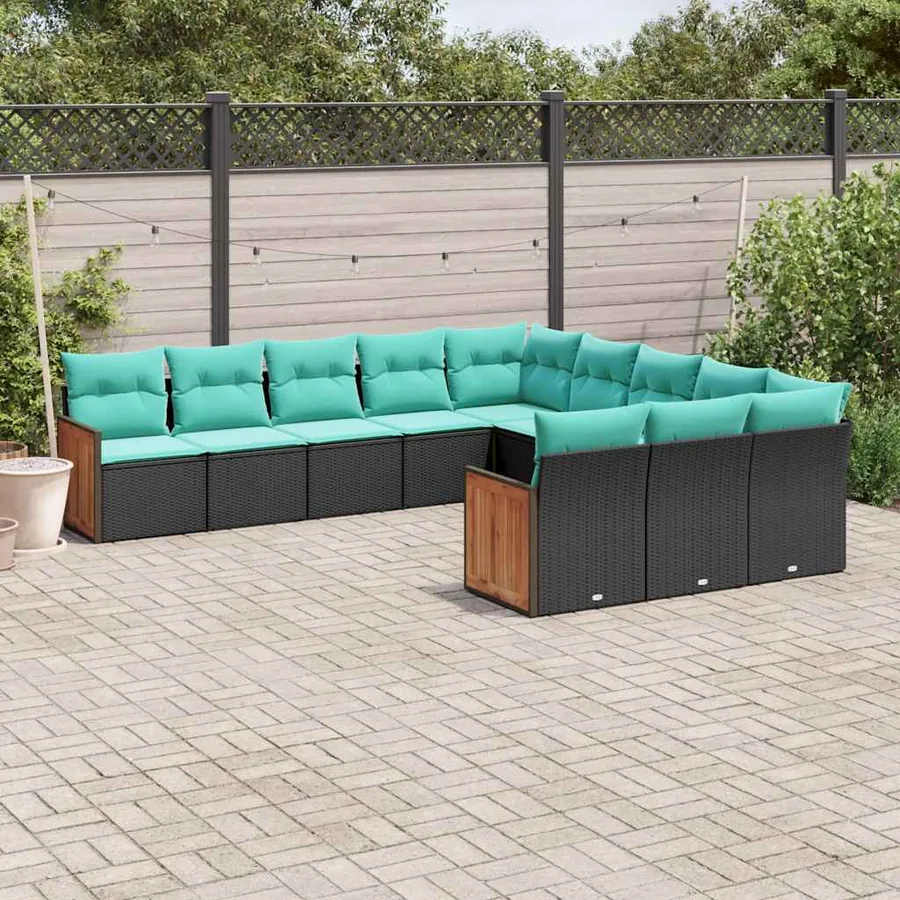 Salon de jardin 11 pcs avec coussins noir résine tressée