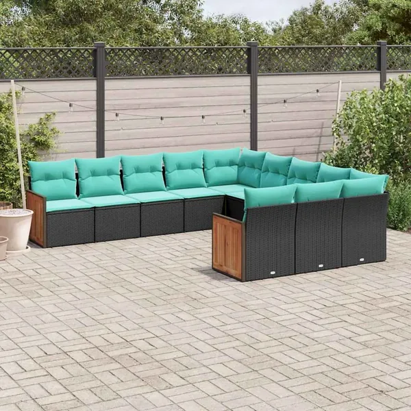 Salon de jardin 11 pcs avec coussins noir résine tressée