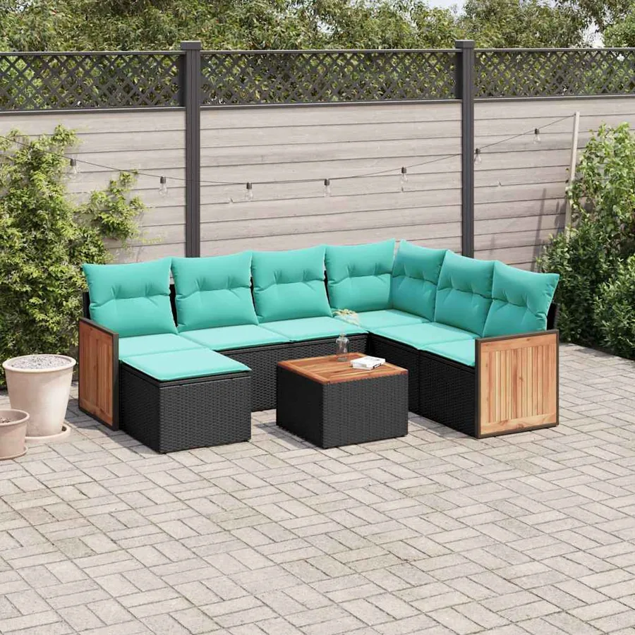 Ensemble de canapé de jardin 8 pcs avec coussins noir résine tressée