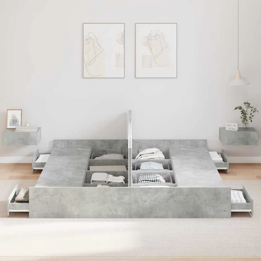 Cadre de lit avec rangement avec tiroir Gris béton 200 x 200 cm - 3
