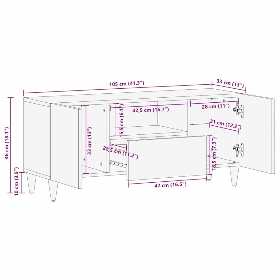 Meuble TV Marron miel 105 x 33 x 46 cm Bois de mangue massif - 11
