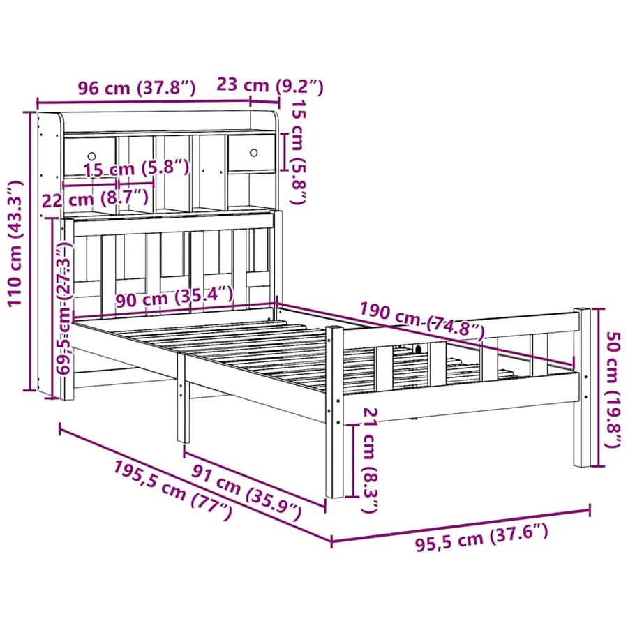 Lit bibliothèque sans matelas 90x190 cm bois de pin massif - 11