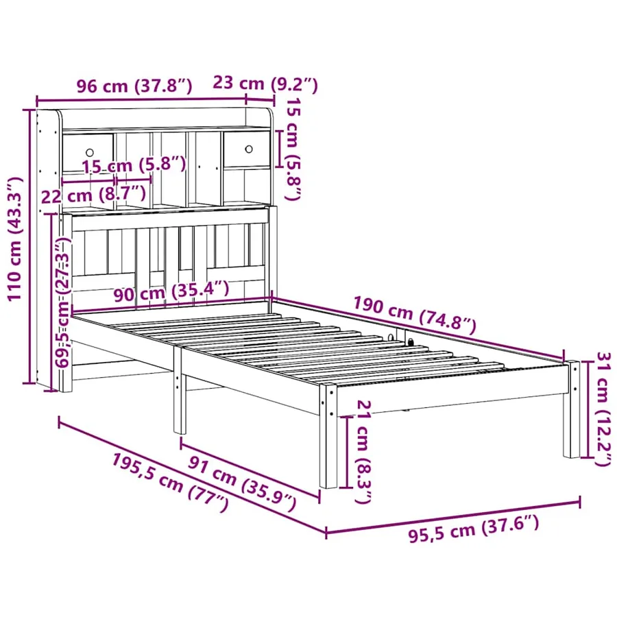 Lit bibliothèque sans matelas 90x190 cm bois de pin massif - 11
